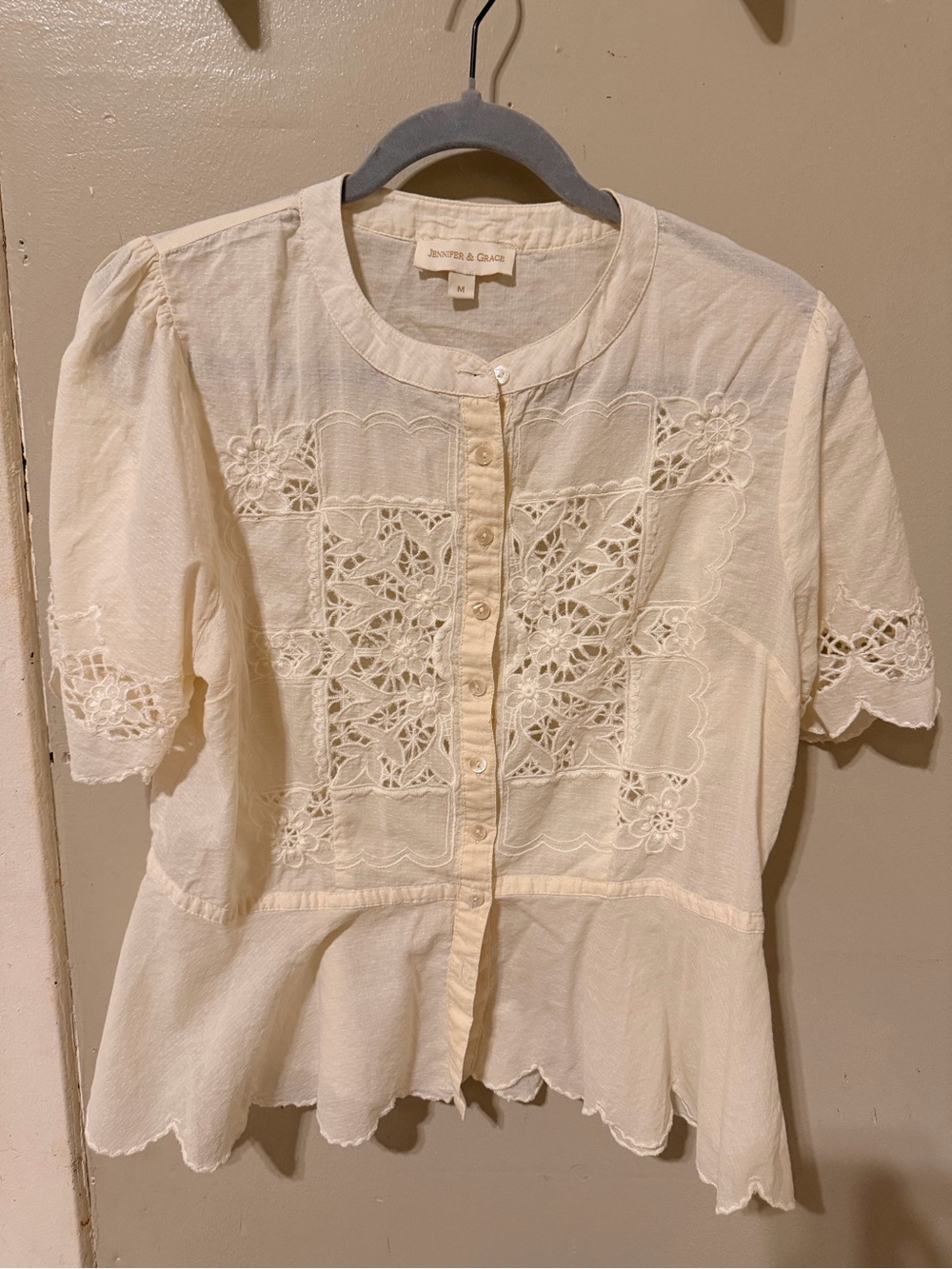 Jennifer & Grace Cream Lace-Panel Peplum Button-Front Blouse